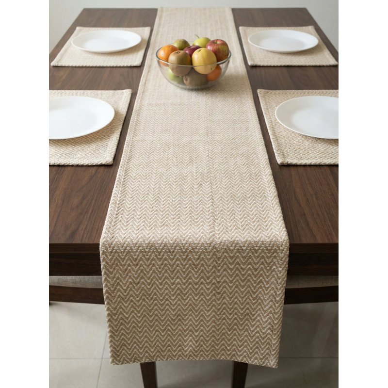 Natural Beige Herringbone Bay Indoor Outdoor Table Runner 14x72
