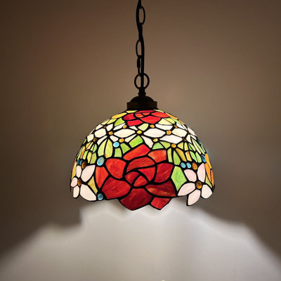 Kleist Tiffany Pendant Lighting Fixture Red Orange Blue Stained Glass Rose Flowers LED Bulb 12"W*12"D*60"H