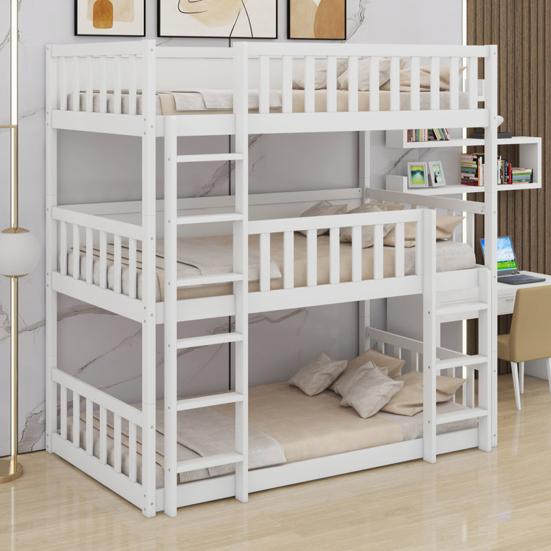 Triple Wood Bunk Bed, With Ladders, Guardrails, White