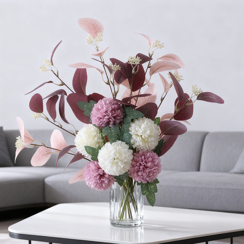 1 Bunch Artificial Chrysanthemum Bouquet, 21 Inch Two Color Simulated Silk Flower Greenery, Home Garden Kitchen Office Table Vase Decorative Flower, White Purple