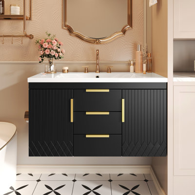 Meuble-lavabo mural avec résine sous le comptoir de 36 po, 2 tiroirs, assemblage, meuble-lavabo facile d'entretien, meuble-lavabo flottant, planches, poignées rouillées