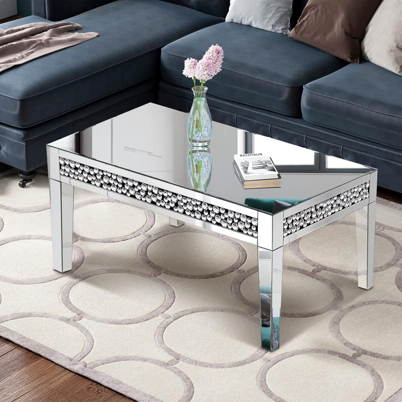 Silver Mirrored Rectangular Coffee Table with Crystal Diamond Inlay