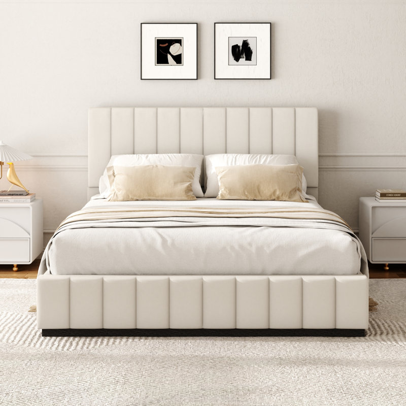 Base de lit grand format avec tête et pied de lit capitonnés à canal vertical, beige, Grand lit, Beige