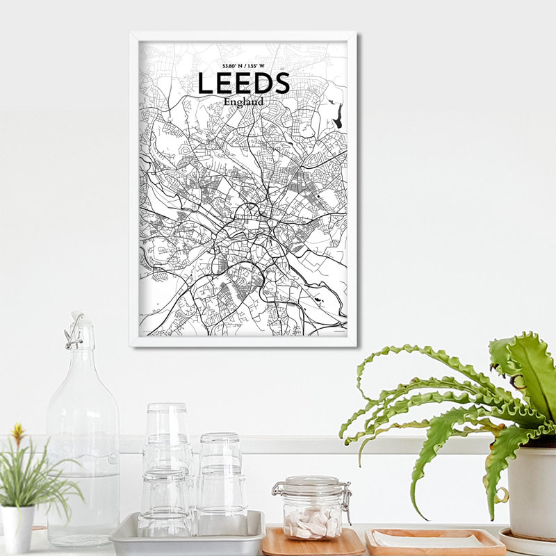 Carte de la ville de Leeds, impression, Noir / blanc, H 27,6 po x l 19,7 po