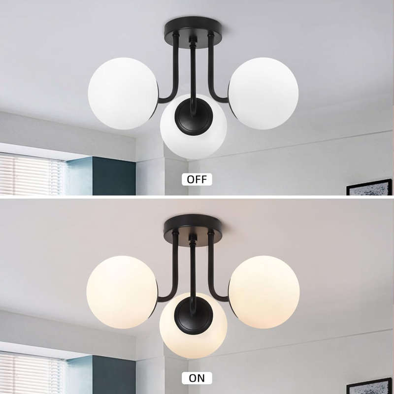 Matte Black 3-Light Semi Flush Mount Ceiling Fixture with Milk Glass Globes