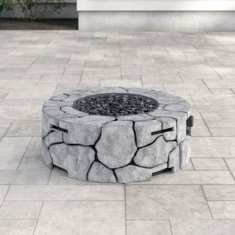 Fehime Round Concrete Propane Smokeless Fire Pit, White Stone 