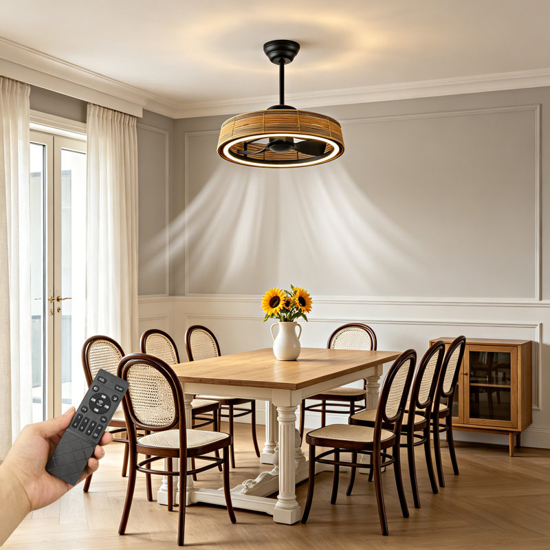Ventilateur de plafond fermé en rotin de 19,68 po avec lumière, 6 lumières à DEL à intensité variable et télécommande, ventilateur de cage à profil bas pour cuisine de chambre à coucher