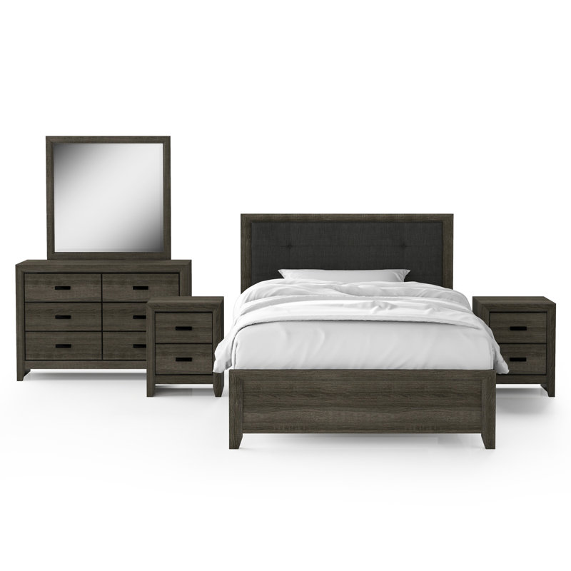 Ensemble de chambre à coucher 5 pièces Borchardt, Double, 5 Pcs: Bed, 2 Nightstands, Dresser, Mirror