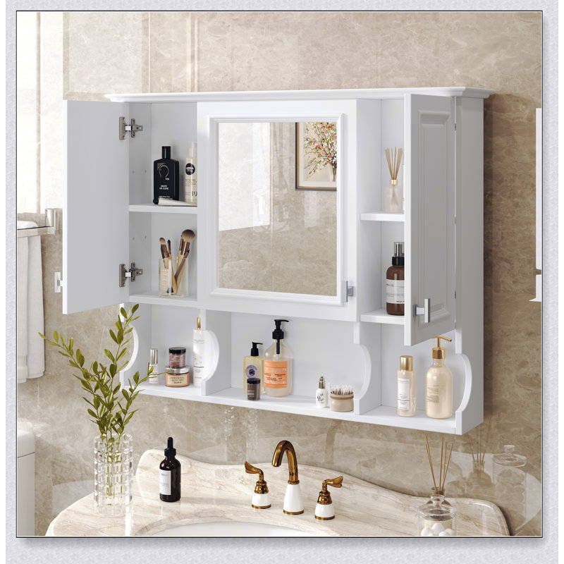 Armoire à pharmacie murale 35 po x 28 po avec miroir et tablettes ouvertes, solution de rangement moderne pour la maison