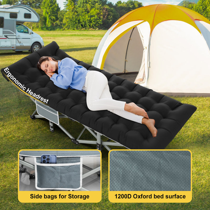 Lit de camp pliant pour l'extérieur avec matelas et sac de transport, Gris / noir