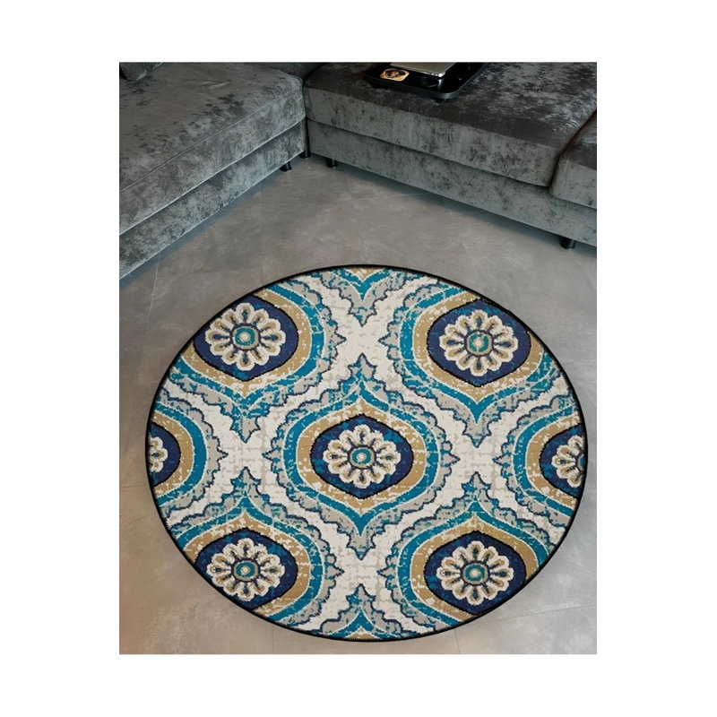 Blue Gray Tone Traditional Patterned Round Woven Base Vintage Decorative Carpet, Round 2'8"