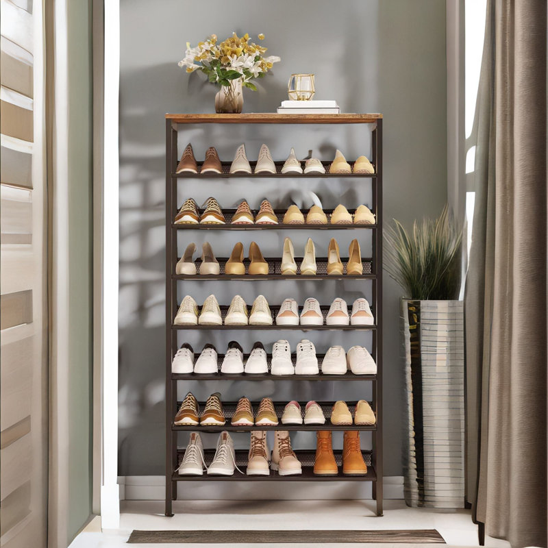 Shoe Rack 8 Tier Rustic Brown Industrial Hallway Furniture, 137'' H x 75'' W x 30'' D, Brown/Black