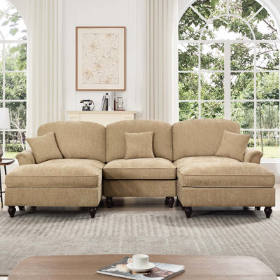 Canapé modulaire classique en U confortable avec accoudoirs évasés, jupes de plis à volants amovibles et pieds fuselés, repose-pieds en nuage à siège profond en chenille café, plusieurs configurations disponibles
