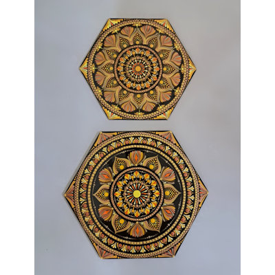  Hexagon Mandala Wall Art Set on MDF Wood Panel, Geometric Wall Decor
