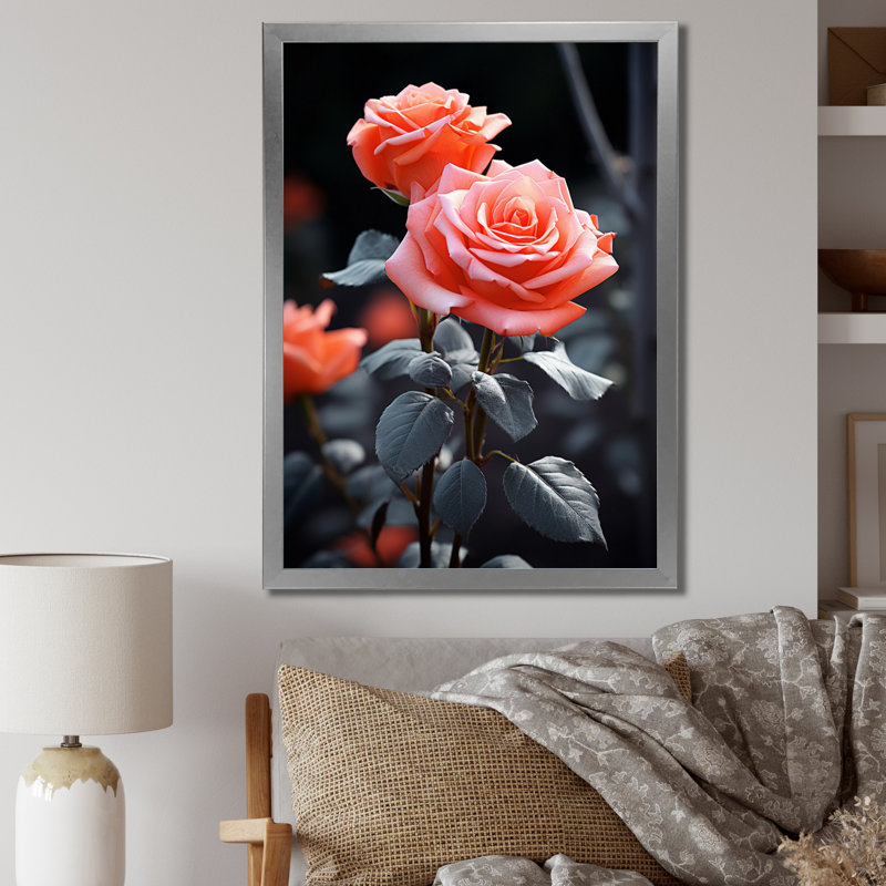 «Peach Roses Coral Serenade At Black», impressions sur toile florales, H 32 po x l 16 po x P 1 po, Cadre photo argenté