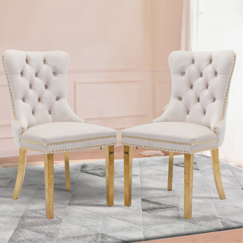 Chaise rembourrée capitonnée, Beige, Or