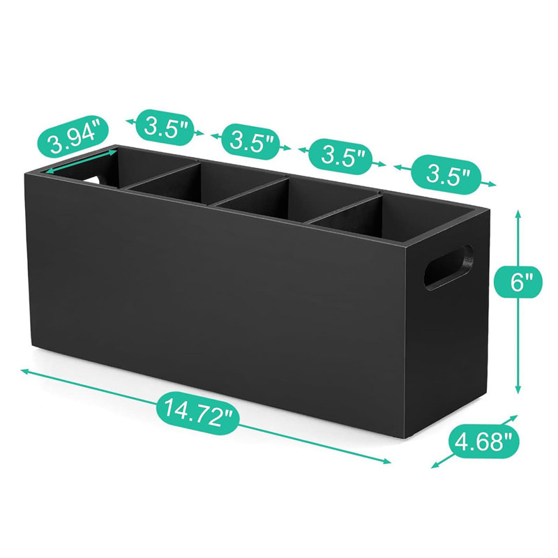 Large 4-Compartment Wooden Utensil Holder (Black, with Removable Divider)