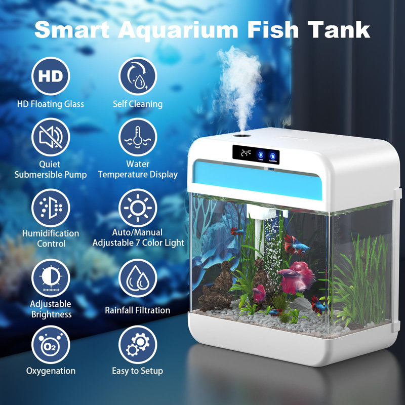 2.2 Gallon White Glass Fish Tank with 7-Color Light and Humidifier