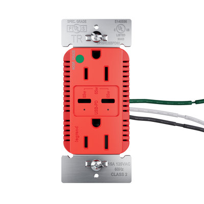 Legrand 15A Tamper Resistant 65W Hospital Grade Power Delivery USB Type C Duplex Outlet Red
