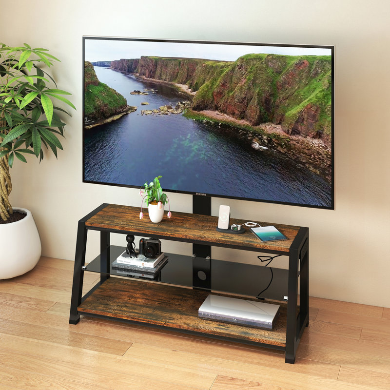Meuble télé en bois avec verre trempé noir - Hauteur réglable, centre de divertissement pivotant universel avec support, brun rustique