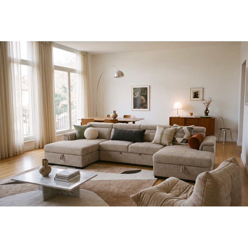 4 Seater Chenille Sofa Bed with Storage, Blue Chenille
