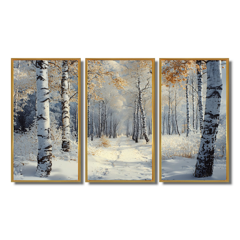 «White Morning In Forest Panorama II», ensemble de décoration murale paysage d'hiver, Toile avec cadre flottant or