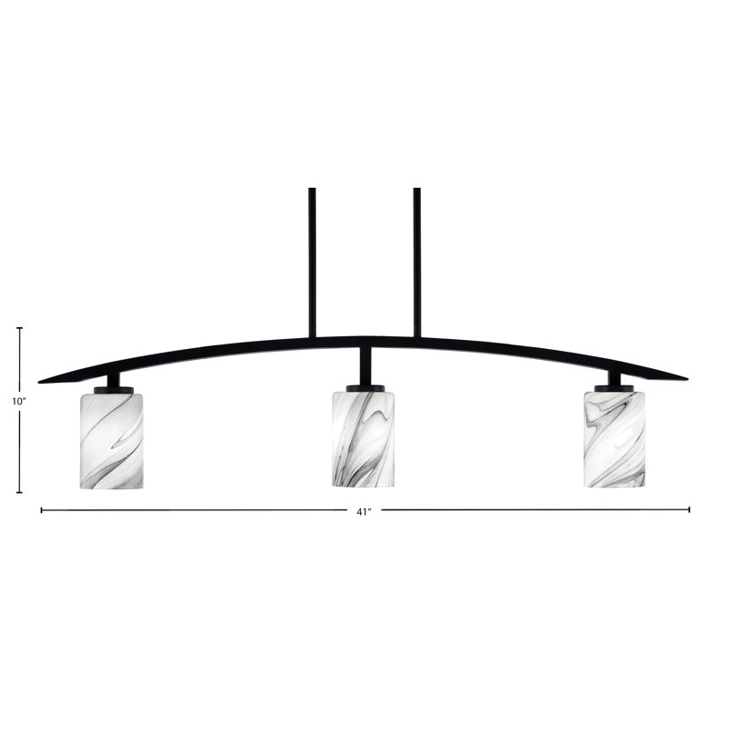 Luminaire pour îlot de cuisine 3 lumières kurve au fini noir mat avec verre tourbillon onyx de 4 po