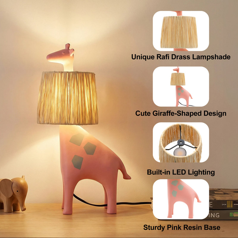 13.8 in. Pink Giraffe-Shaped Resin Base Table Lamp with Raffia Shade and Resin Base, Built-in LED for Kids Rooms, Nurseries, Bedroom Nightstands or Playful Home Decor