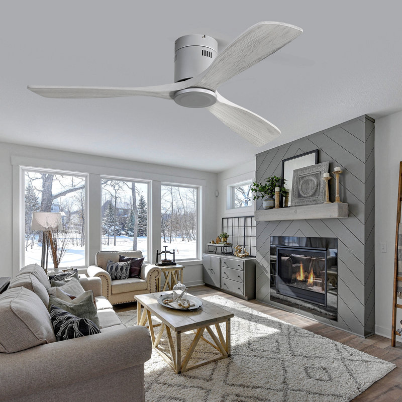 52 Inch Low Profile Ceiling Fan Dc 3 Carved Wood Fan Blade Noiseless Reversible Motor Remote Control Without Light, Silver