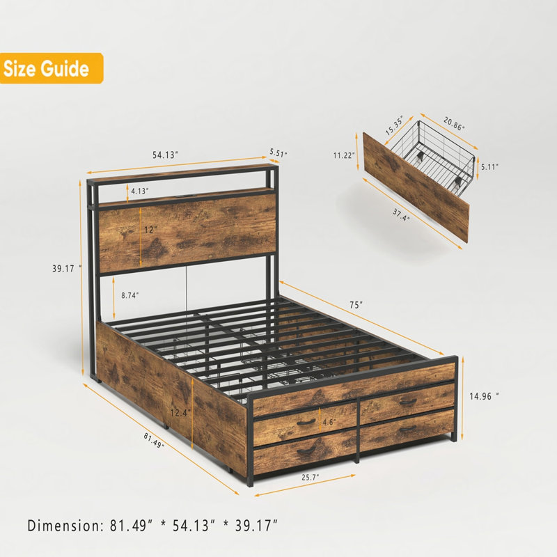 Bed Frame with 8 Storage Drawers, LED Headboard with Charging Station, Metal Platform Bed Frame, No Box Spring Needed, Noise-Free, Stable and Solid