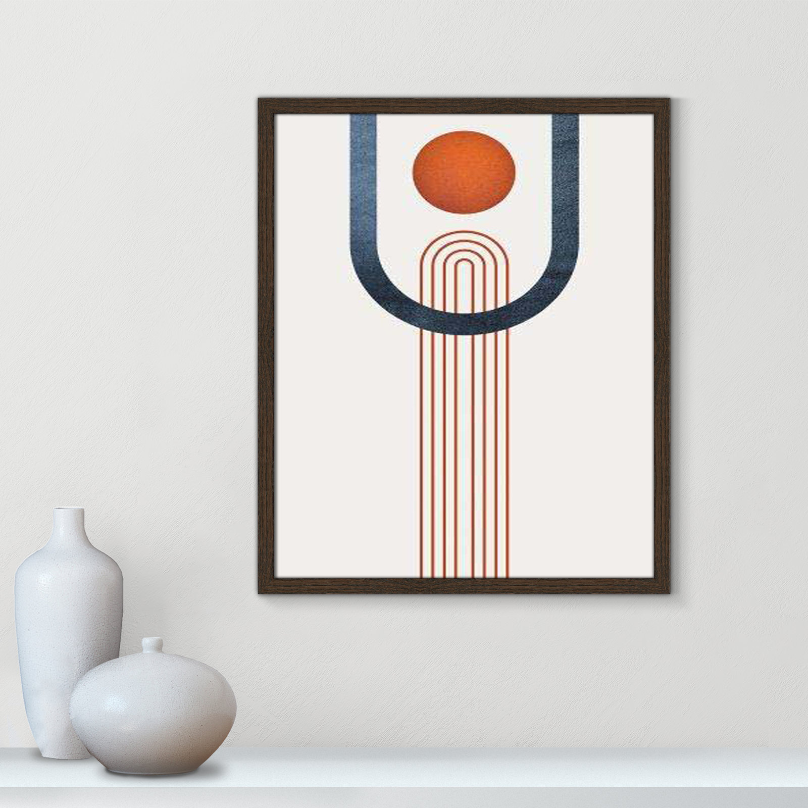 Minimalist Mid Century Orange Navy III By Urban Epiphany - Framed Art Full Bleed, 25.5" H x 21.5" W x 0.75" D, Walnut