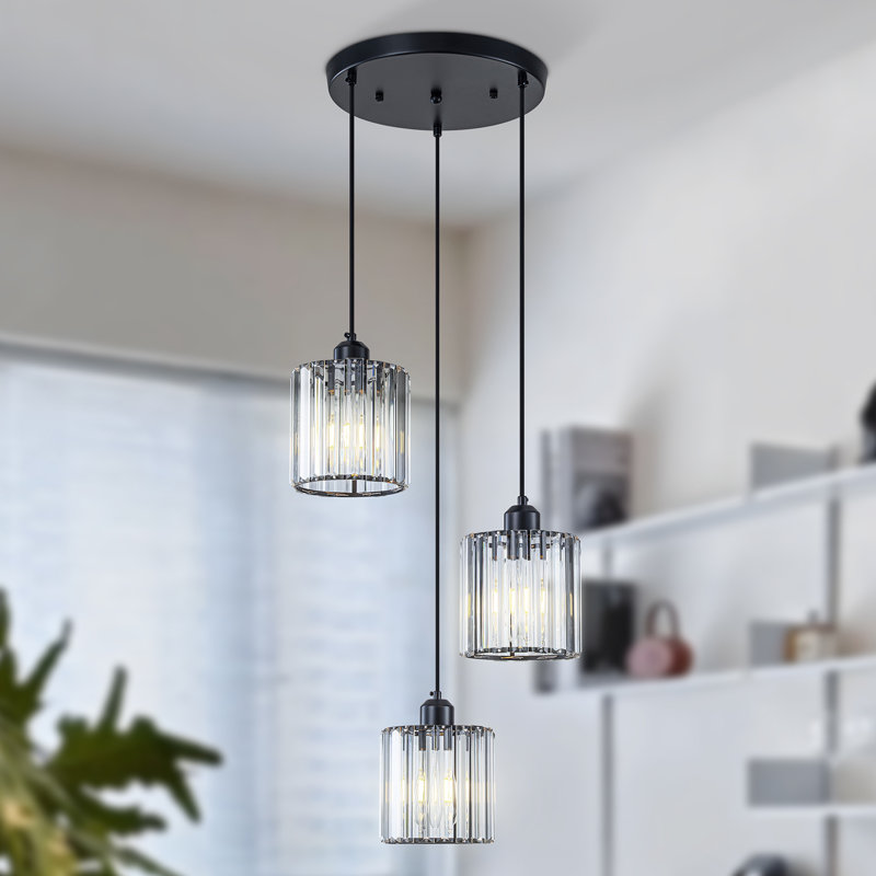 Luminaire suspendu grappe de cristal transparent mat 3 lumières pour îlot de cuisine