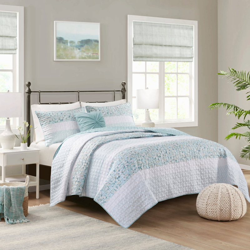 Ensemble de courtepointe pour lit double / grand 4 pièces avec coussin décoratif, Turquoise