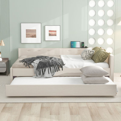 Grand lit plateforme tapissier avec USB et lit gigogne simple