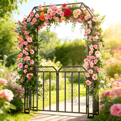 Heavy-Duty Metal Garden Arch with Locking Gate, Outdoor Arch Trellis & Arbor for Climbing Plants, Wedding, Patio & Backyard – 59"W x 16"D x 95"H, Black