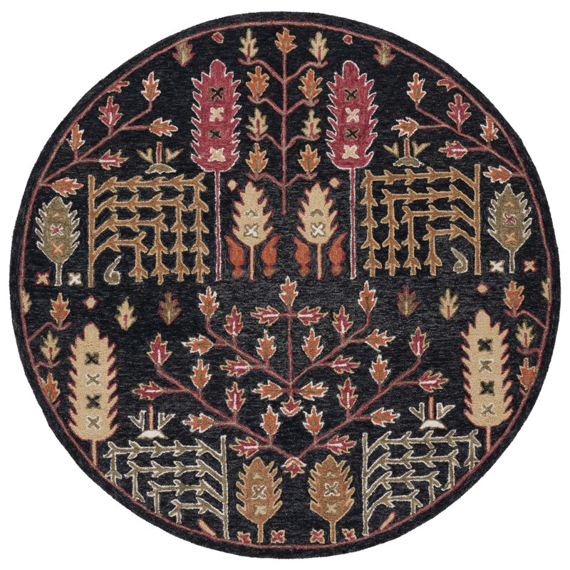 Donnett Southwestern Handmade Tufted Wool Black/Red Area Rug, Round 7'