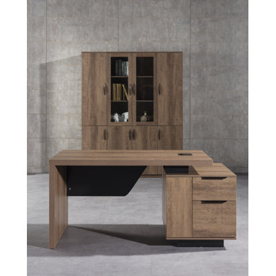 Modern Executive Desk, Rectangle Office Desk with Storage Cabinet, Width Adjustable Desks for Home Office, Business Desk Stand Under Table Storage Organizer, ( Brown Oak+ Left Handed)