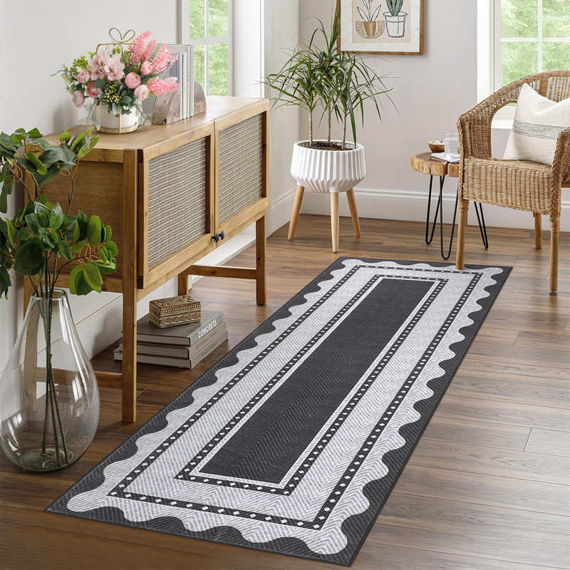 Modern Neutral Non Slip Washable Rugs, Contemporary Border Print Pattern Foldable Soft Carpet, Low Pile Floor Mat
