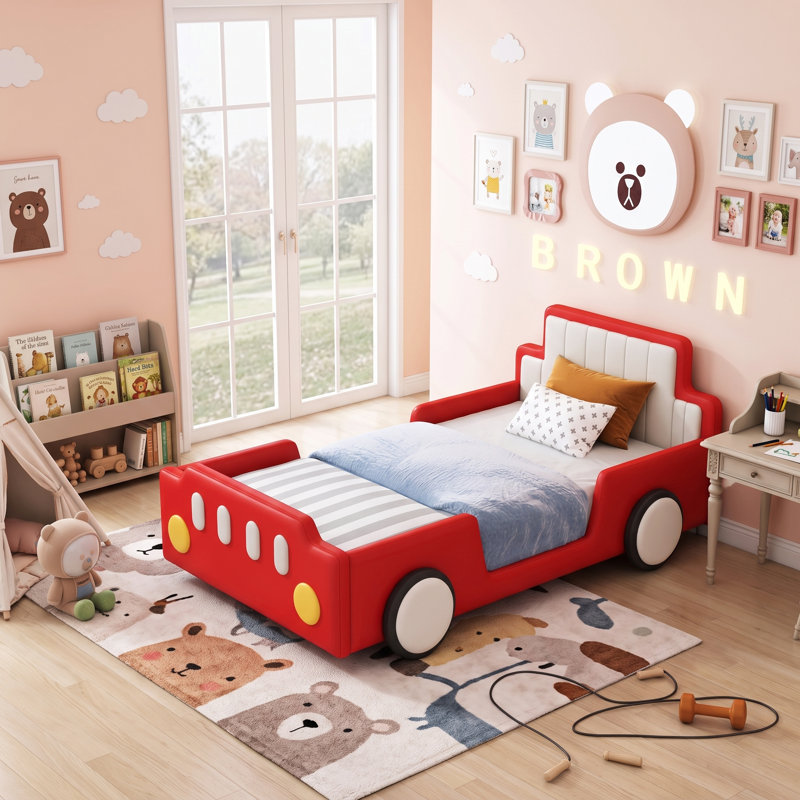 Lit plateforme Benedict pour enfants en forme de voiture de course avec roulettes, Rouge