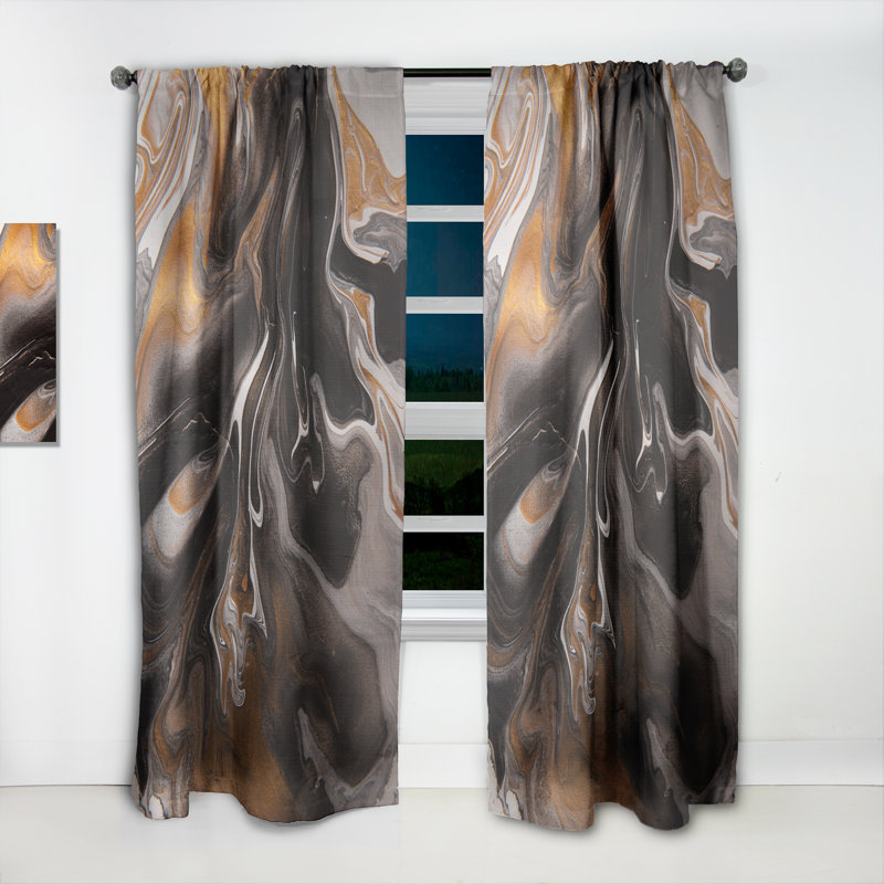 Panneau de rideau simple semi-diaphane abstrait orange et noir Marble Waves II