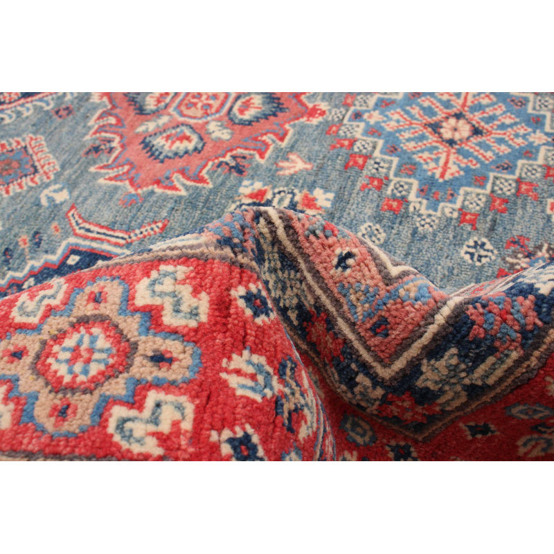 Tapis bleu foncé en laine noué à la main de conception unique 4 pi 11 po x 7 pi Eben
