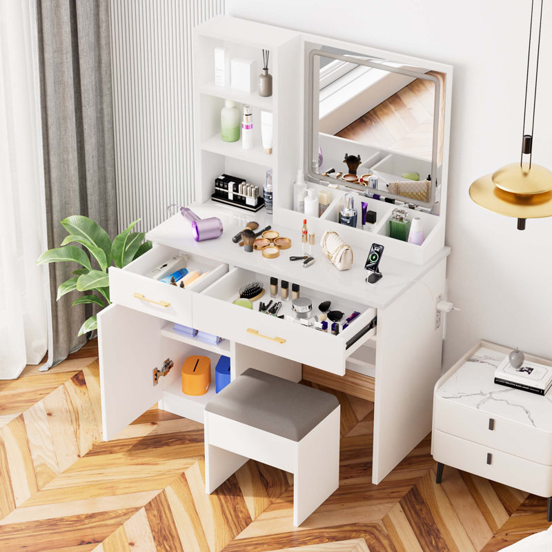 Meuble-lavabo de 32 po de largeur avec miroir éclairé et prise de courant, coiffeuse avec grand espace de rangement et tabouret rembourré pour chambre à coucher et studio