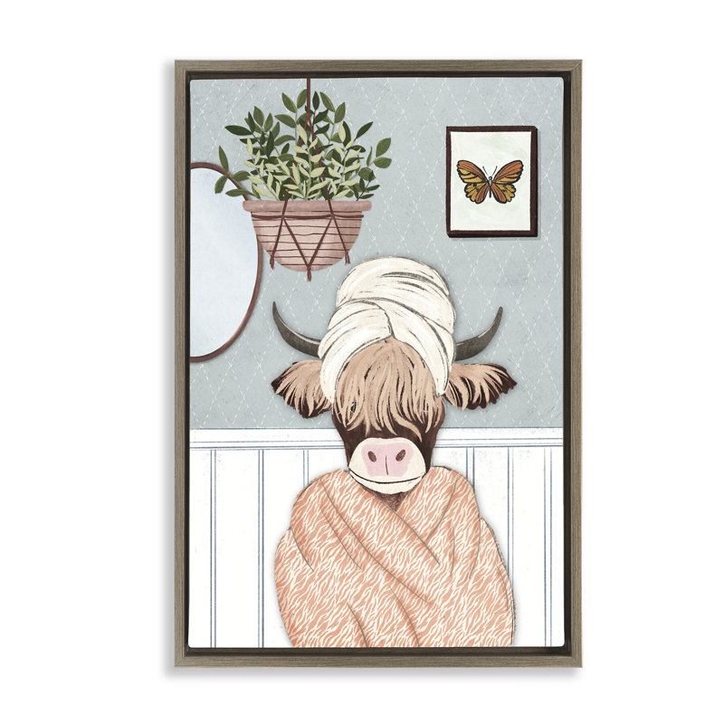 Toile flottante encadrée peignoir Highland Cow par JJ Design House, LLC., Cadre flottant orme Montalcino, H 25 po x l 17 po