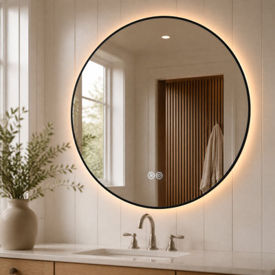Miroir de salle de bain rond de 28 pouces avec cadre en aluminium noir, éclairage DEL à intensité variable en 3 couleurs et traitement antibuée