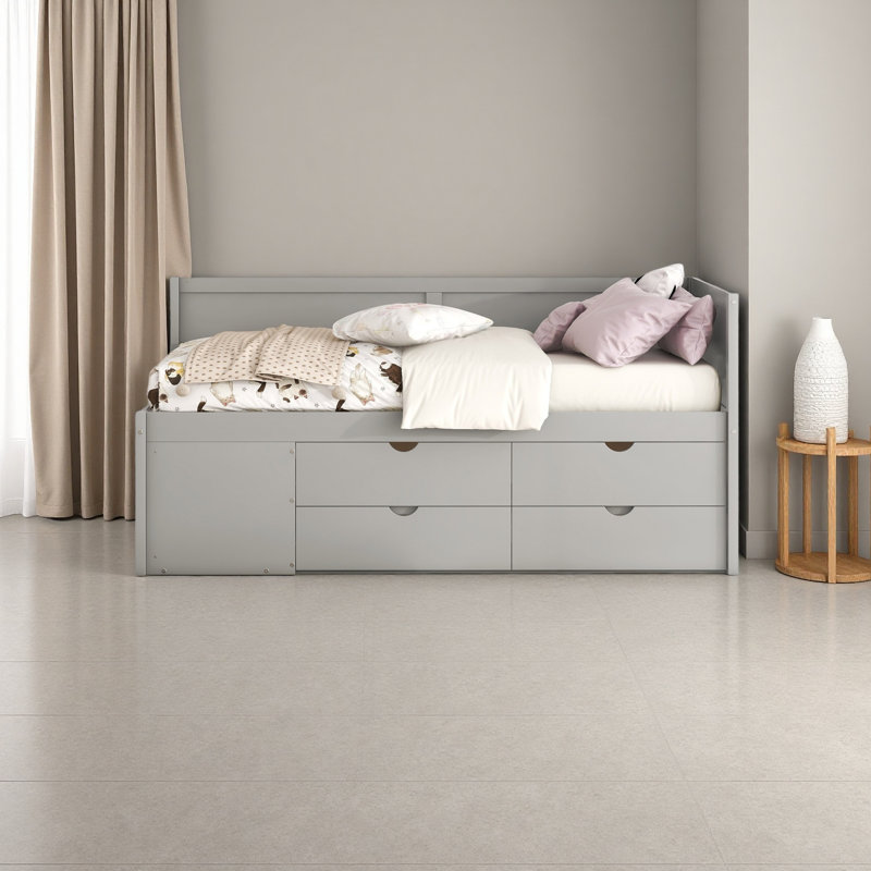 Lit de jour avec tiroirs et tablettes, Gris, Lit simple