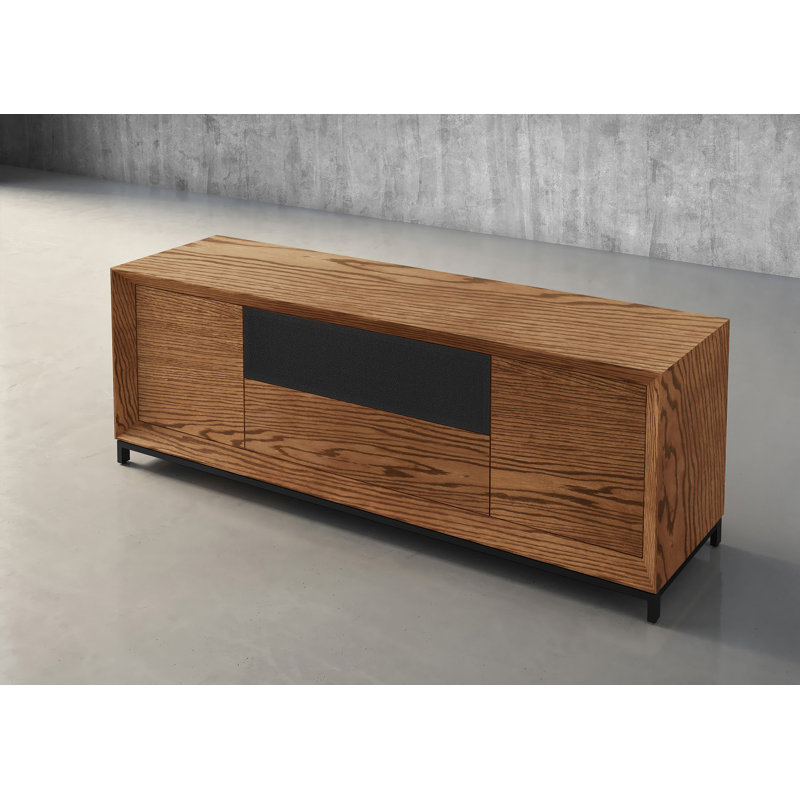 Console média en chêne rouge Furnitech Rafaela de 86 po au fini miel avec portes en bois, tablettes réglables, tiroir de rangement multimédia, panneaux arrière amovibles et gestion interne des câbles