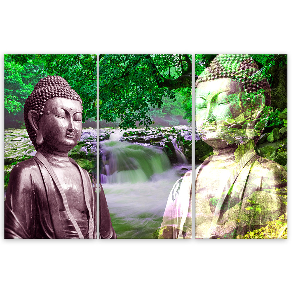 Leinwandbild Buddha Waterfall Forest Green