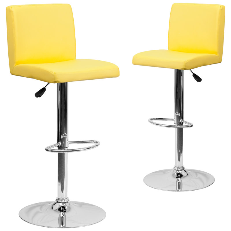 Contemporary Vinyl Adjustable Height Barstool with Panel Back and Chrome Base, Yellow