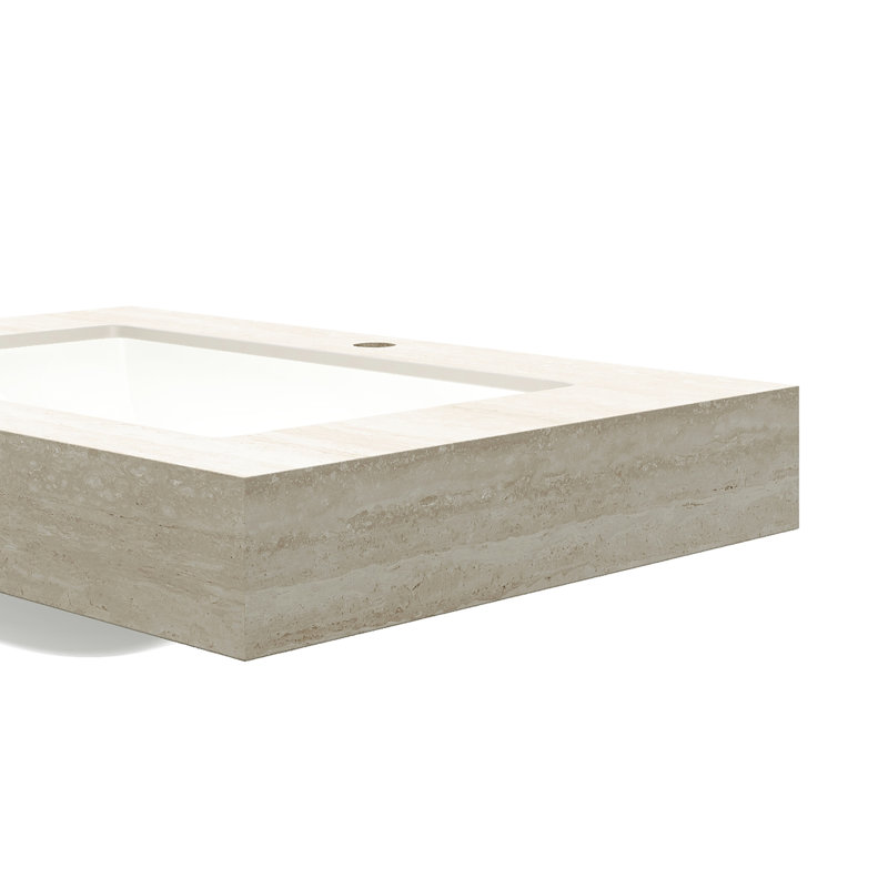 Comptoir en pierre frittée à motif beige 76 cm (30 po) avec lavabo encastré en céramique, trois trous prépercés pour robinetterie standard, profondeur 76 cm (29,96 po), largeur 47 cm (18,4 po), poids 21,8 kg (48,03 lb), hauteur 22 cm (8,69 po), couleur beige.