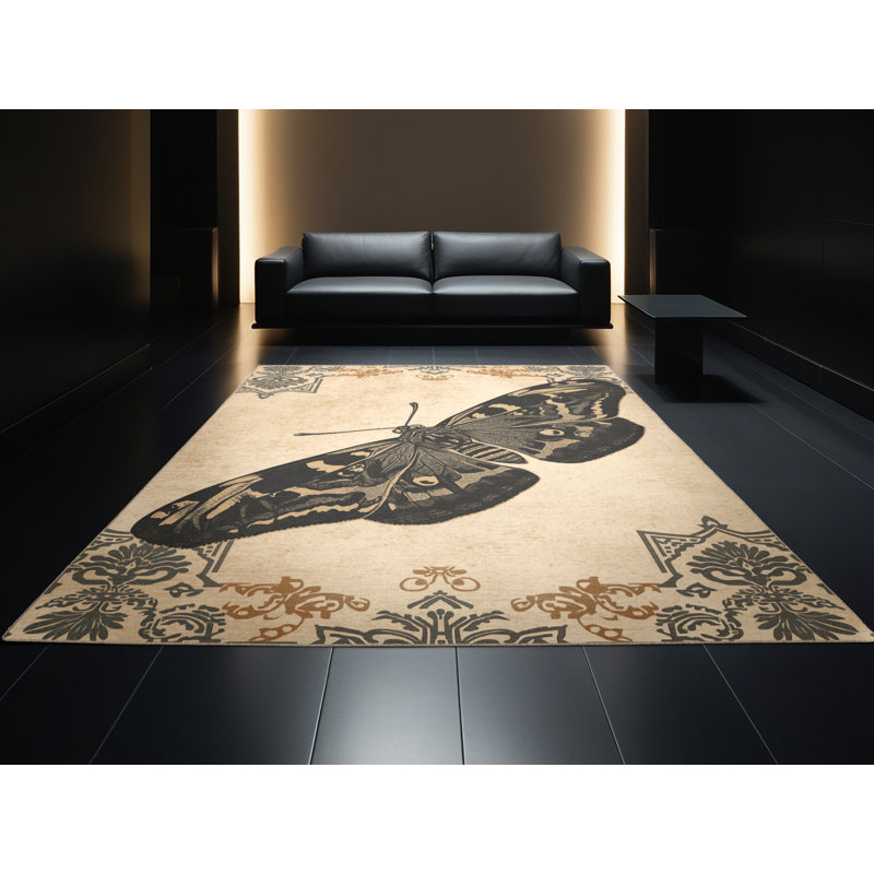 Tapis moelleux moelleux au look vintage rétro Kenn Moth - reliure beige, 8 x 12
